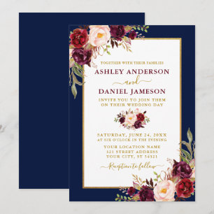 Waterverf Burgundy Floral Wedding Gold Blue Kaart