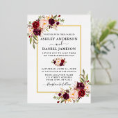 Waterverf Burgundy Floral Wedding Gold Folie Uitnodiging (Staand Voorkant)