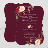 Waterverf Burgundy Floral Wedding Invite B Kaart (Voorkant / Achterkant)
