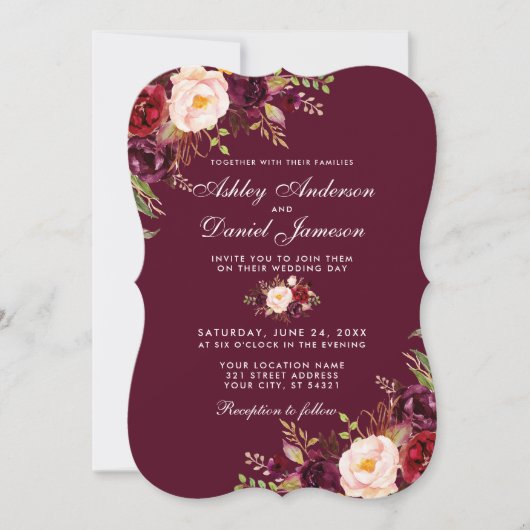 Waterverf Burgundy Floral Wedding Invite B Kaart (Voorkant)