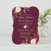 Waterverf Burgundy Floral Wedding Invite B Kaart (Staand voorkant)