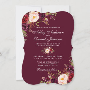 Waterverf Burgundy Floral Wedding Invite B Kaart