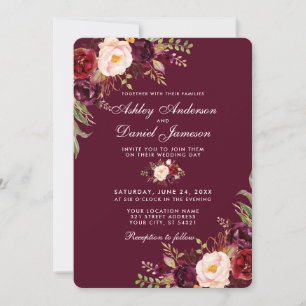 Waterverf Burgundy Floral Wedding Invite R Kaart