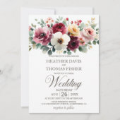Waterverf Burgundy Floral Wedding Kaart (Voorkant)
