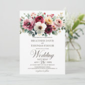 Waterverf Burgundy Floral Wedding Kaart (Staand voorkant)