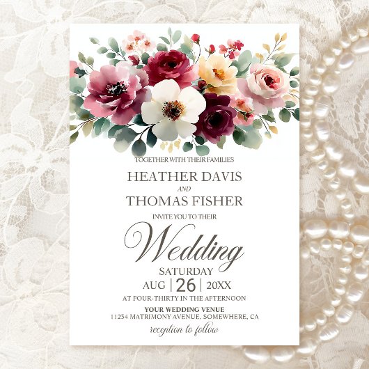 Waterverf Burgundy Floral Wedding Kaart