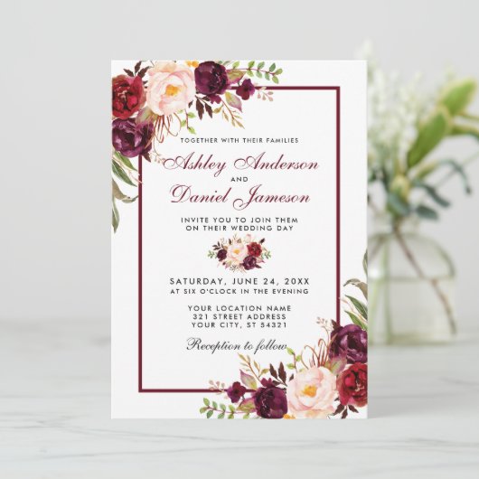 Waterverf Burgundy Floral Wedding Kaart (Staand voorkant)