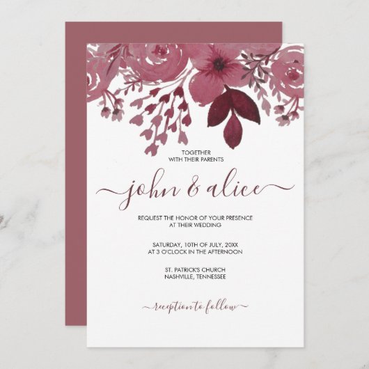 Waterverf Burgundy Floral Wedding Kaart (Voorkant / Achterkant)