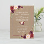 Waterverf Burgundy Floral Wedding Kraft Kaart (Staand voorkant)
