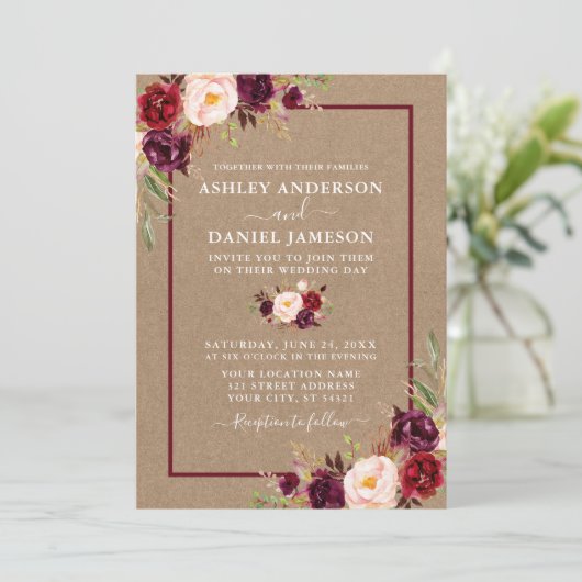 Waterverf Burgundy Floral Wedding Kraft Kaart (Staand voorkant)