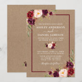 Waterverf Burgundy Floral Wedding Kraft Kaart (Voorkant / Achterkant)
