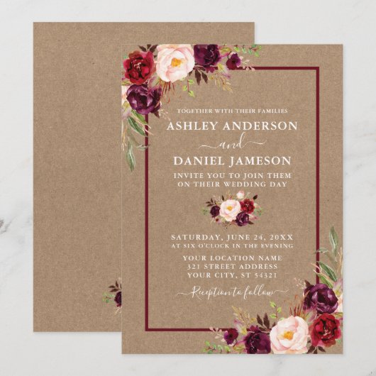 Waterverf Burgundy Floral Wedding Kraft Kaart (Voorkant / Achterkant)