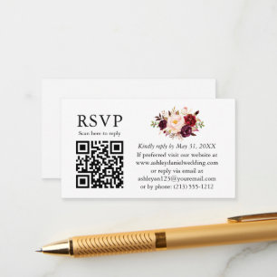 Waterverf Burgundy Floral Wedding QR RSVP Informatiekaartje