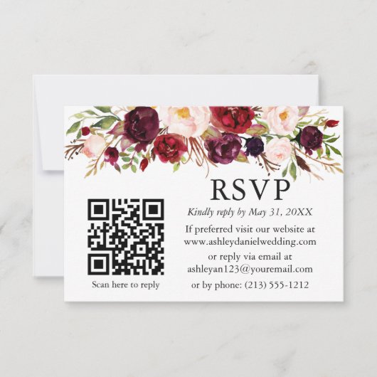 Waterverf Burgundy Floral Wedding QR RSVP Kaart (Voorkant)