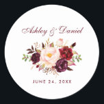 Waterverf Burgundy Floral Wedding Ronde Sticker<br><div class="desc">Waterverf Bourgogne Marsala Bloemen Waterverf Trouwstickers</div>