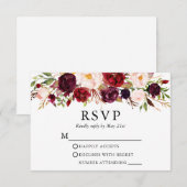 Waterverf Burgundy Floral Wedding RSVP Kaartje (Voorkant / Achterkant)