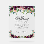 Waterverf Burgundy Floral Wedding Welkom Acryl Bord (Voorkant)
