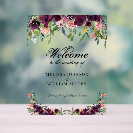 Waterverf Burgundy Floral Wedding Welkom Acryl Bord (Neutraal)