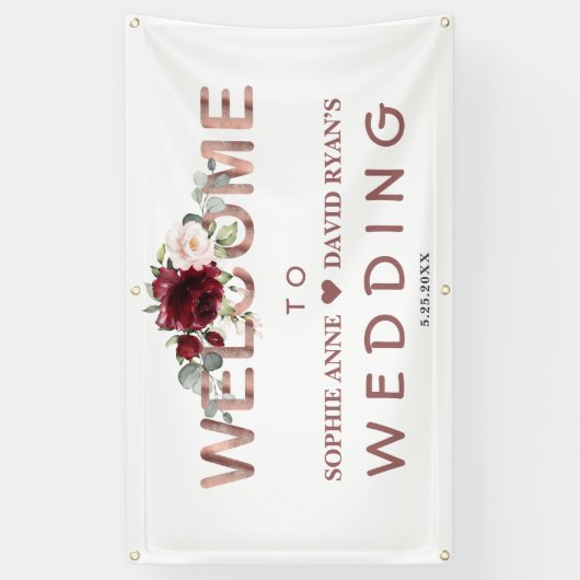 Waterverf Burgundy Floral Wedding Welkom Spandoek (Verticaal)