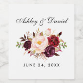 Waterverf Burgundy Floral Wedding Wijn Etiket (Enkel label)
