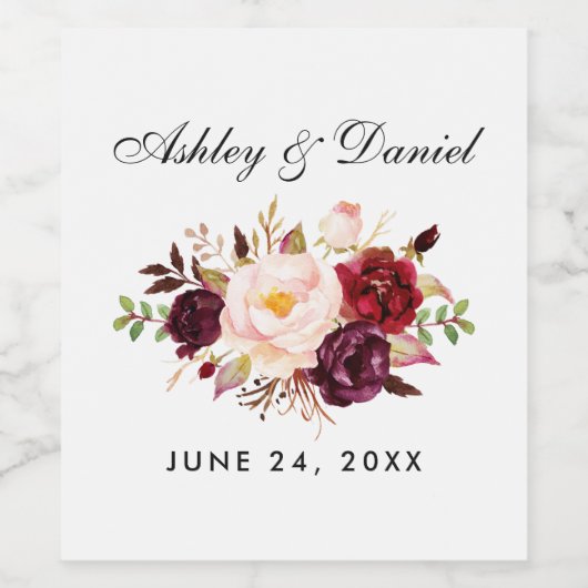 Waterverf Burgundy Floral Wedding Wijn Etiket (Enkel label)