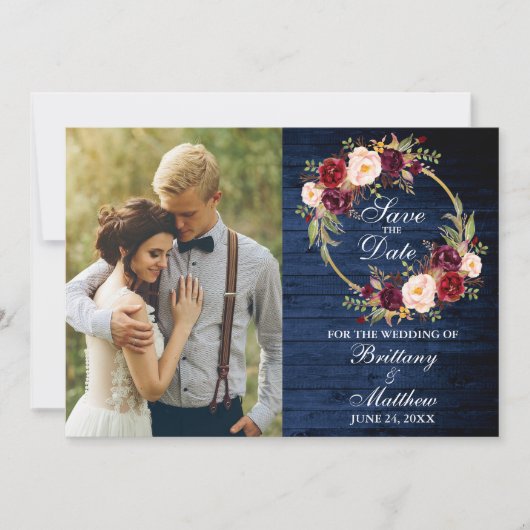 Waterverf Burgundy Floral Wreath Blue Wood Save The Date (Voorkant)