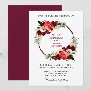 Waterverf Burgundy Floral Wreath Boho Wedding Kaart