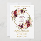 Waterverf Burgundy Floral Wreath Gold Wedding B Kaart (Voorkant)