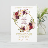 Waterverf Burgundy Floral Wreath Gold Wedding Kaart (Staand voorkant)