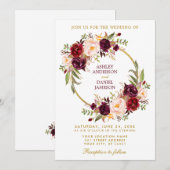 Waterverf Burgundy Floral Wreath Gold Wedding Kaart (Voorkant / Achterkant)