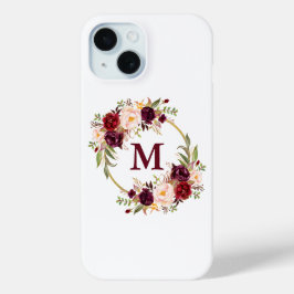 Waterverf Burgundy Floral Wreath Monogram iPhone 15 Case