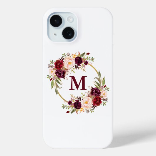 Waterverf Burgundy Floral Wreath Monogram Case-Mate iPhone Case (Achterkant)