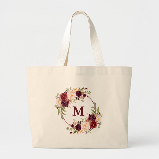 Waterverf Burgundy Floral Wreath Monogram Grote Tote Bag (Voorkant)