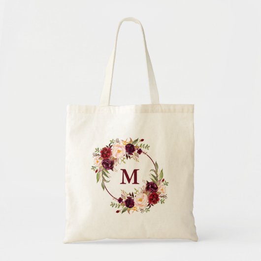 Waterverf Burgundy Floral Wreath Monogram Tote Bag (Voorkant)