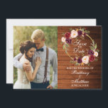 Waterverf Burgundy Floral Wreath Rustic Wood Save The Date<br><div class="desc">Rustic Wood Waterverf Burgundy Floral WreatPhoto Verloving Save The Date Kaart including burgundy rozen,  roze rozen,  red rozen and botanical greenery.</div>
