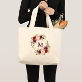 Waterverf Burgundy Floral Wreator Monogram Gold Grote Tote Bag (Voorkant (product))