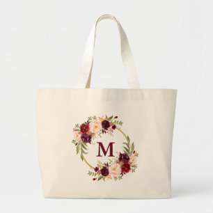 Waterverf Burgundy Floral Wreator Monogram Gold Grote Tote Bag