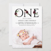 Waterverf Burgundy Flowers First Birthday Photo Kaart (Voorkant)