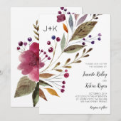 Waterverf Burgundy Flowers Monogram Weddenschap Kaart (Voorkant / Achterkant)
