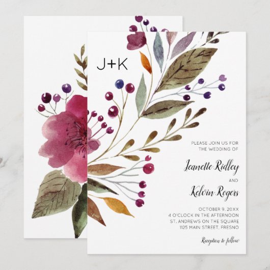 Waterverf Burgundy Flowers Monogram Weddenschap Kaart (Voorkant / Achterkant)