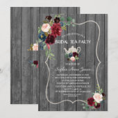 Waterverf Burgundy Flowers Wood Bridal Tea Party Kaart (Voorkant / Achterkant)