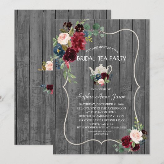 Waterverf Burgundy Flowers Wood Bridal Tea Party Kaart (Voorkant / Achterkant)