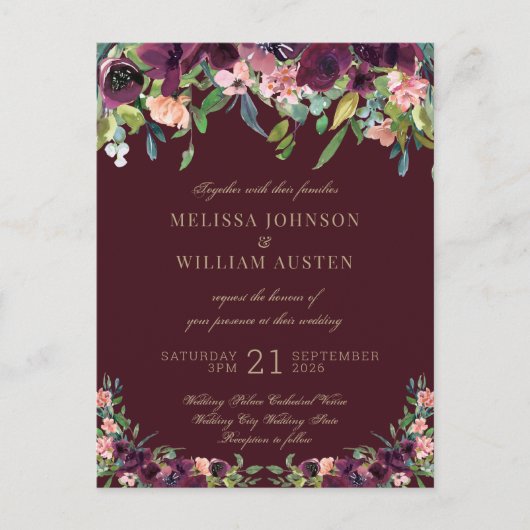 Waterverf Burgundy Gold Floral Wedding Uitnodiging Briefkaart (Voorkant)