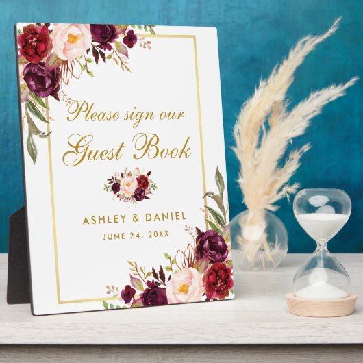Waterverf Burgundy Gold Wedding Guestbook Fotoplaat (Zijkant)