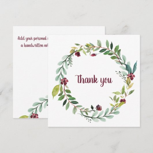 Waterverf Burgundy Green Wreath "Dank u wel" Feestdagenkaart (Voorkant / Achterkant)