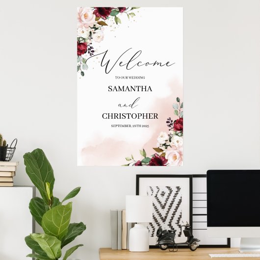 Waterverf burgundy koopt florale goudbruiloft poster (Thuiskantoor)