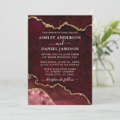 Waterverf Burgundy Marble Agate Geode Wedding Kaart (Staand voorkant)