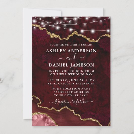 Waterverf Burgundy Marble Geode Lights Wedding Kaart (Voorkant)