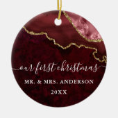 Waterverf Burgundy Marble Geode Wedding PHOTO Keramisch Ornament (Voorkant)