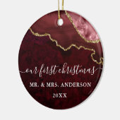 Waterverf Burgundy Marble Geode Wedding PHOTO Keramisch Ornament (Links)
